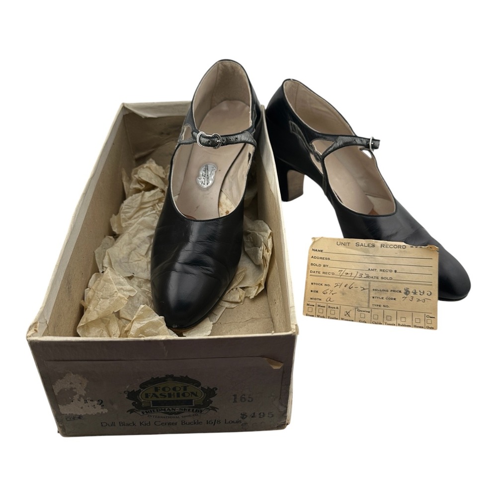 Super Rare Collectors Vintage 1930s Black Leather Buckle Heels Box Receipt 6 1/2